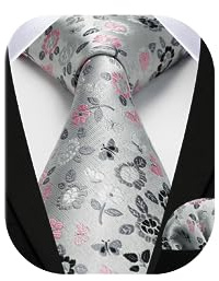 HISDERN Cravate Homme Argent à Fleurs Mariage Élégant Cravates Extra Longues pour Hommes et Carré de poche, XL