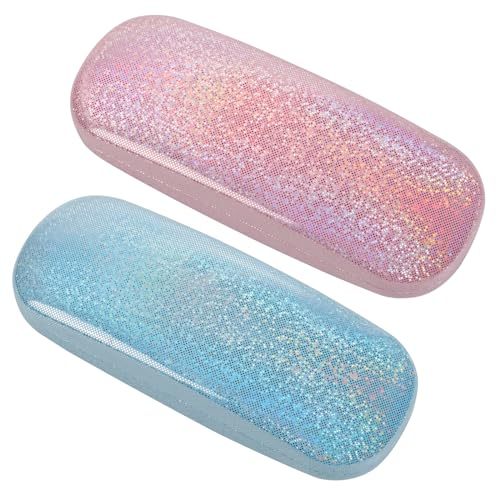 TRUEIN Tragbare Hartschalen Glitzer Brillenetui, PU Leder, Kratzfest für Damen & Kinder mit Reinigungstuch