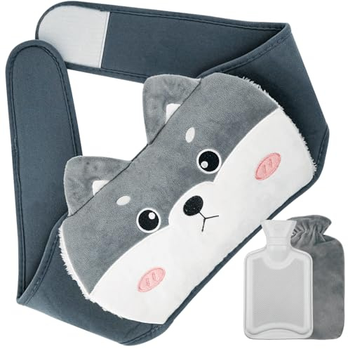 Fesaizwi Cinturón para bolsa de agua caliente, 3 en 1, cinturón de 1 l, bolsa de agua caliente con funda, botella de agua caliente para animales, perfecta para espalda, vientre y cuello (Husky)