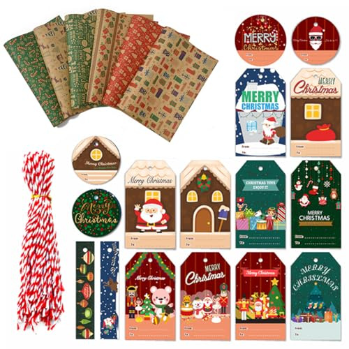 XOUDKE Carta da Regalo Natalizio Set,tra Cui 6 Carta da Regalo Natalizia,20 Etichette Regalo Natalizie Carta Kraft, e Cotone e Metallico per Confezione Regalo di Natale