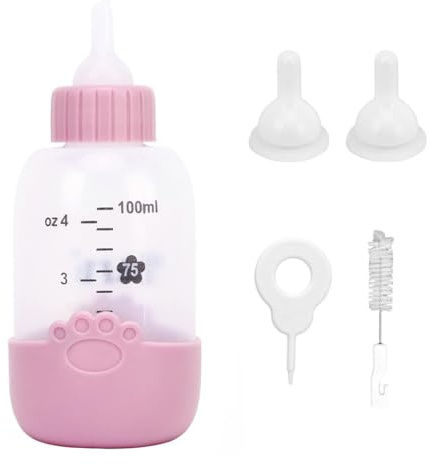 Ichigo Ichie Kit de Biberón de Silicona para Mascotas, Biberón de Leche de Grado Alimentaria para Perritos y Gatitos Recién Nacidos, Incluye 2 tetinas de Repuesto y 1 Cepillo de Limpieza, 100ml, Rosa