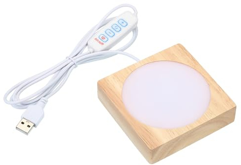PATIKIL Base luminosa a LED in legno, 8,1 x 8,1 cm, base per esposizione di luce in legno con dimmer per 3D in vetro di cristallo aromatico, pietra artistica, luce bianca a 3 colori