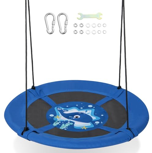 COSTWAY Nestschaukel, Kinderschaukel, Baumschaukel, Hängeschaukel, Rundschaukel für Indoor und Outdoor, Schaukel für Kinder und Erwachsene, Ø 100 cm (Blau-Wal)