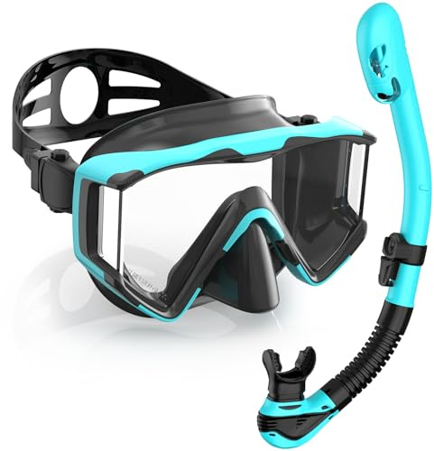 Greatever Snorkel Set Pano 3 Window Snorkel Mask Adult, Panoramic Wide View, Anti-Fog Scuba Diving Mask, Anti-Leak Snorkel Goggles Dry Top Snorkel, Professional Snorkeling Gear for Adults