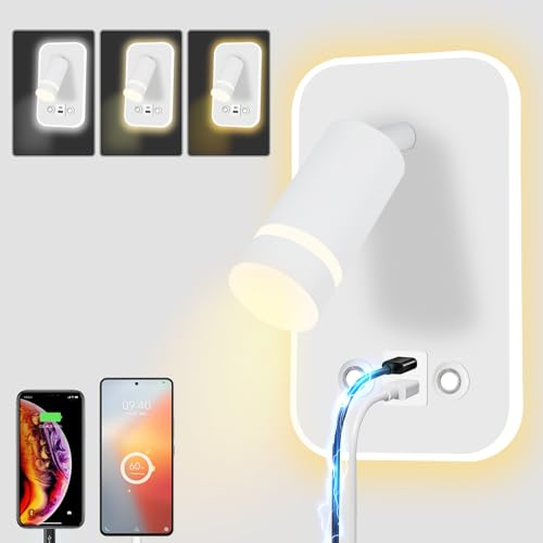 HUIZHOU Lampada LED da Parete 12W con Controllo Touch, 3 Modalità di Luce, Porta USB Integrata, Rotazione 350°, Lampada da Lettura Moderna per Camera da Letto, Comodino e Soggiorno (Rettangolo bianco)