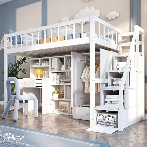 Rtopsu Kinderbett Etagenbett 90x200 cm mit Treppe und Stauraum, Einzelbett Hochbett mit Kleiderschrank und Schreibtisch, Bett mit Rausfallschutz und Lattenrost aus Holz, Weiß, Ohne Matratze