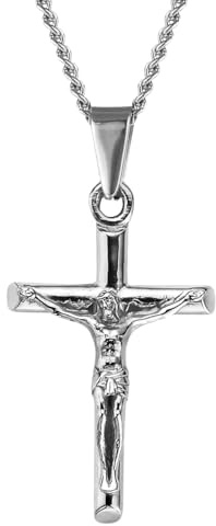DVRK ® Crucifijo Colgante Hombre Plata con Base Acero Inoxidable 316L - Collar Cruz Hombre Resistente al Agua - Idea Regalo Chico, Cross Necklace 33 mm, Silver Crucifix, Necklace, Gift