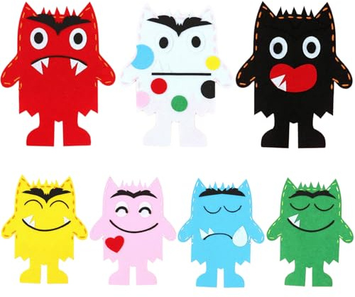 Marionnettes à main de monstre de couleur 7 pièces Marionnettes à doigt en peluche de tristesse émotionnelle Marionnette de monstre en tissu non tissé Marionnette de chaussette d'apprentissage précoce