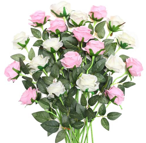 JUSTOYOU 20 rosas artificiales, rosas artificiales de seda de doble color con tallo, ramo de rosas artificiales realistas para el hogar, mesa, oficina, fiesta, boda, arreglos de jardín (blanco y rosa)