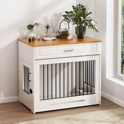 DAWNYIELD Meuble pour Cage de Chien, Cage en Bois avec Porte Coulissante et Tiroir, Meuble D'intérieur pour Chien, Table D'appoint avec Gamelle Pivotante à 360°, Blanc