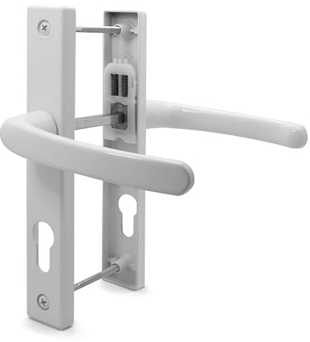 TSS UPVC Door Handle Set, 70mm PZ (Centres), 7mm Spindle Width, Lever/Lever, Screw to Screw 180mm with Backplate 210mm x 32mm - Replacement PVC Door Handle (White)