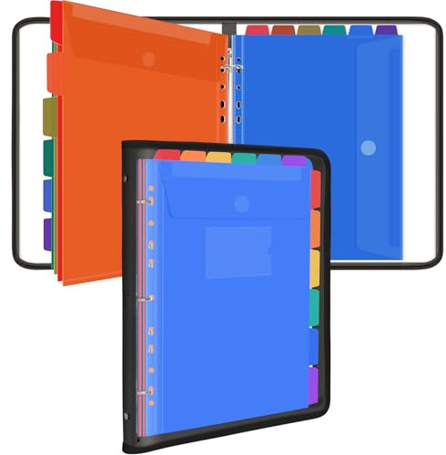 Uquelic Raccoglitore ad anelli A4, organizer per documenti con 12 tasche perforate, sacchetti in vinile trasparente con cerniera, cartelle in plastica, portadocumenti impermeabili per scuola, casa,