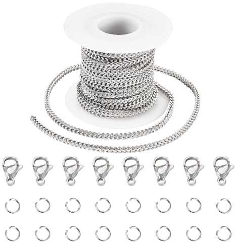 FASHEWELRY 5 M Catene Barbazzale in Acciaio Inox 304, Non Saldate, Catene a Maglia Intrecciata con Bobina per la Realizzazione di Braccialetti, Gioielleria Fai Da Te, con Moschettone a Ralla di