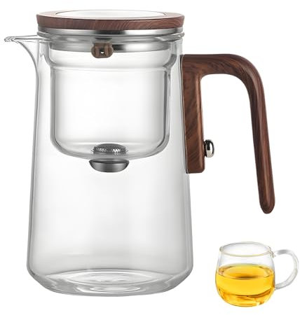 Tetera de Cristal, Tetera Mágica de 800 ml con Separador de Agua con Infusor Tetera de Vidrio Transparente con Colador Tetera Mágica con Mango de Madera para Té en Flor Té en Hojas Sueltas (800ml)