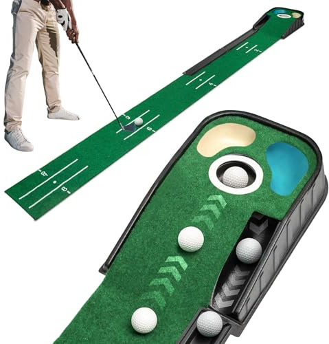 Golf Putting Mat, Putting Green Mat Indoor Golf with Auto Ball Return and 3 Holes, Home Training and Practice Aid Putting Mat for Men, Golf Putting Mat Suitable for Office, Recreation Room, Patio
