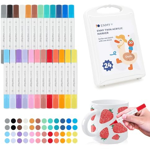 YuLiMirich Juego de 24 rotuladores de porcelana en 24 colores con pincel de doble punta fina, juego de pintura de cerámica, apto para lavavajillas, para tazas, vidrio, cerámica, madera, metal