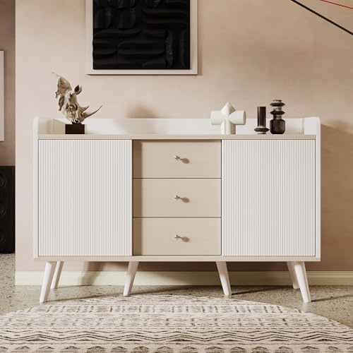 Aislinglen Cómoda con puertas correderas, cómoda con 3 cajones, aparador salón, estantes ajustables, armario de salón, patas de madera maciza, armario de cocina, 117,5 x 40 x 80 cm (blanco)