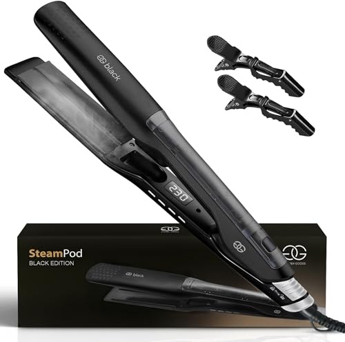 Golden Goods Piastra per capelli 2 in 1 Steampod Pro Vapore potente, Steampod Black Edition per capelli lisci e ricci, piastra capelli