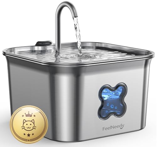FEELNEEDY Fuente para Gatos Acero Inoxidable 2,8L, Bebedero Gatos con Cable y Filtración de Cuatro Capas, Fácil de Limpiar, Apta para Lavavajillas