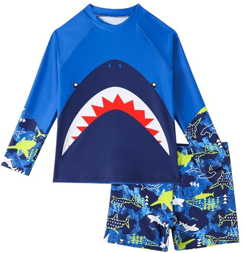 AIWUHE Jungen Badeanzug Bademode Schwimmshirt Kinder Uv-Schutz Bade-Set Trunk und Langarm Rashguard Zweiteilig Dunkelblauer Hai 4-5 Jahre 130