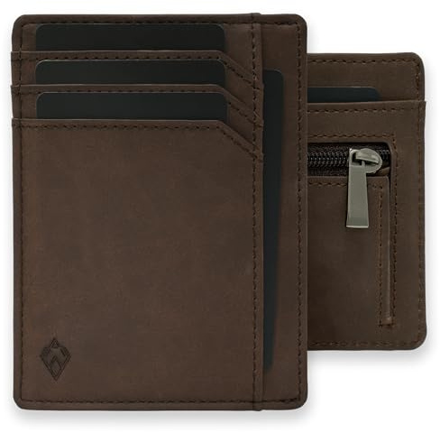 AKIELO Tarjetero de Hombre con Bloqueo RFID, Cremallera y Caja Regalo – Cartera Ultrafina con Monedero – Cartera de Viaje y Protector de Tarjetas (Bravo - Moca Oscura con Cremallera)