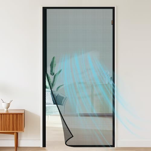 MAGZO Magnetic Screen Door Fits Door Size 32 x 80 Inches, Actual Screen Size 34 x 81 Heavy Duty Side Opening Screen Curtain Air Circulation Broader View-Black