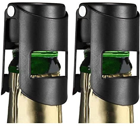 HYZ Champagne Stoppers 2Pack - Stainless Steel Sparkling Wine Bottle Stopper with Pure Silicone Air Tight Seal - Professional Wine Saver for Champagne，Prosecco and Cava (Black)