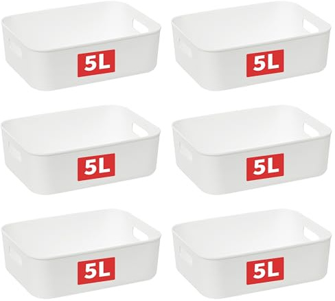 Cetomo 5L*6 Panier de Rangement, Boîte de Rangement Ouverte en Plastique, Conteneurs pour Étagères, Organisateurs avec Poignées pour Bureau, Comptoirs, Armoires, PP, Blanc, 5L-Lot de 6 (28.5*22*9cm)