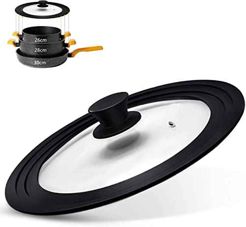 Coperchio universale per pentole, padelle e padelloni,Coperchio per pentole con bordo in silicone resistente al calore e vetro temperato, adatto per pentole e padelloni con diametro di (26-28-30)