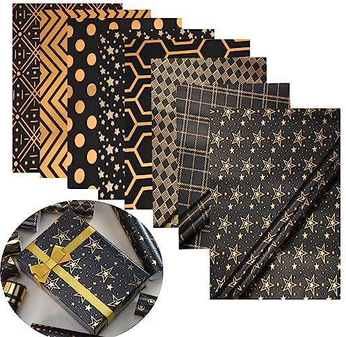 Geschenkpapier-Sets, 8 Blatt Metallic Schwarz Goldfolie Geschenkpapier Glänzend Luxus Männer Jungen Geschenkpapier für Geburtstag, Brautbabyparty, Hochzeiten, Abschlussfeiern, Weihnachten, Frauen,