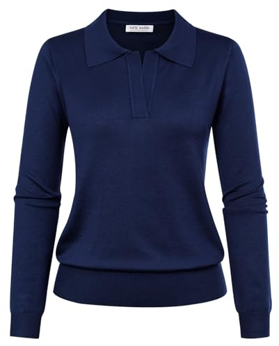 Kate Kasin Women Long Sleeve Pullover Sweater Lapel Collar Solid Ribbed Polo Knitwear V Neck Tops Basic Sweater Navy Blue M