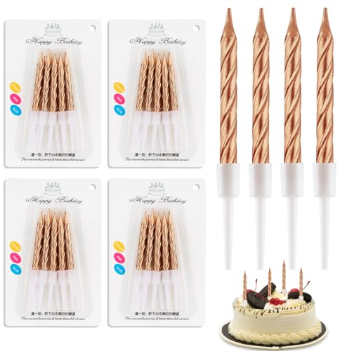 40 Stücke Geburtstagskerzen, Spiral Metallisch Kerzen Geburtstag für Torte, Kuchenkerzen mit Halterung, Kurze Dünne Kerzen für Geburtstag Hochzeit Party Kuchen Dekorationen (Champagner)