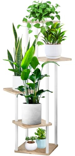 VASZOLA 5-Tier Hölzern Blumenregal Pflanzenregal, Mehrstöckig Blumenständer Pflanzenständer Blumenbank Blumentreppe Pflanzentreppe Standregal für Innen Garten Balkon Deko (Weiß Eiche)