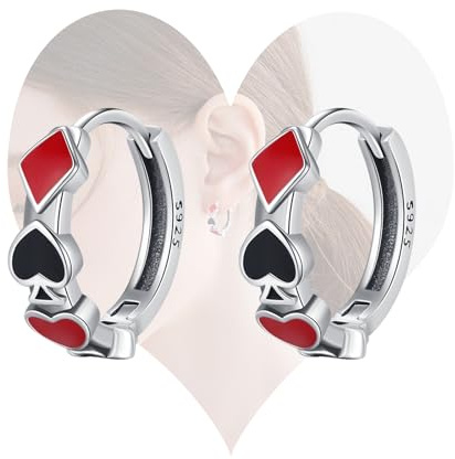 KEQ Pendientes de aro de póquer, de plata de ley 925, estilo casual, con diseño de corazones y espadas de casino, simulando a las cartas y divertidos aretes para mujer, Mini , Plata de ley, Sin