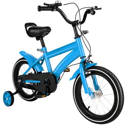 MIUKYUI - Bicicleta infantil de 14 pulgadas, de 3 a 6 años, para niñas y niños, color blanco con guardabarros y freno delantero y trasero combinados, de acero al carbono de alta calidad (azul)