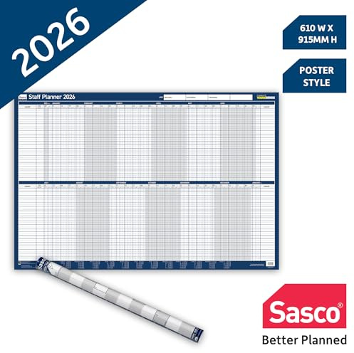 Sasco 2026 Staff Year Wall Planner – Poster Style Calendar with Wet Wipe Pen & Stickers, 91.5x61cm, Blue – Track Staff Availability – Practical for Workforce Planning