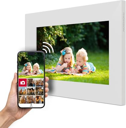 Thomson Cornice Digitale 7 Pollici, Schermo IPS, Touchscreen HD, Condivisione Diretta tramite App, Funzioni Smart, Cornice Fotografica Elettronica con 32 GB di Memoria, Rotazione Automatica, Bianca