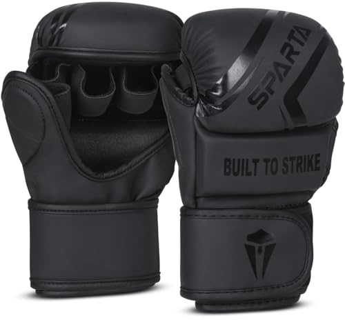 SPARTA Matte Black MMA Gloves – PU Leather Grappling & Sparring Gloves for Men | Hybrid Training Gloves for Kickboxing & UFC | Open Palm Design with Wrist Support & Shock Absorbing Foam (L/XL)