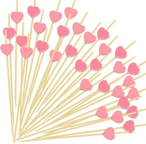 JEYEY Pinchos de Cóctel con Corazón, 100cs Brochetas De Cóctel, Palillos De Cóctel, Brochetas De Amor, Palillos De Cóctel De Bambú con Forma De Corazón, para Fiesta de San Valentín Carnaval (Rosa)