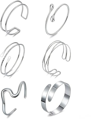 Dermalyx 6 Pezzi Bracciali Argento per Il Braccio, Bangles Regolabili per Il Bicipite, Sottile Polsino Minimalista per Il Braccio, Eleganti Braccialetti alla Moda, Set di