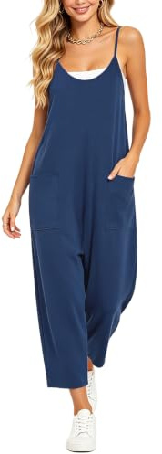 Aomig Mono Mujer Verano, Overol Holgado de Verano Ajustable con 2 Bolsillos Grandes, Largo Sin Mangas Cuello en V Elegante Peto, Largo Bolsillo Color Sólido Mono, M (Azul Marino)