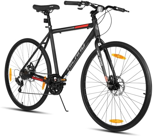 HILAND Vélo Trekking 28 Pouces Homme Femme, Transmission 7 Vitesses, Cadre Aluminium 53 cm, Freins à Disque Mécaniques, Vélo Hybride pour Ville, Loisirs et Randonnée