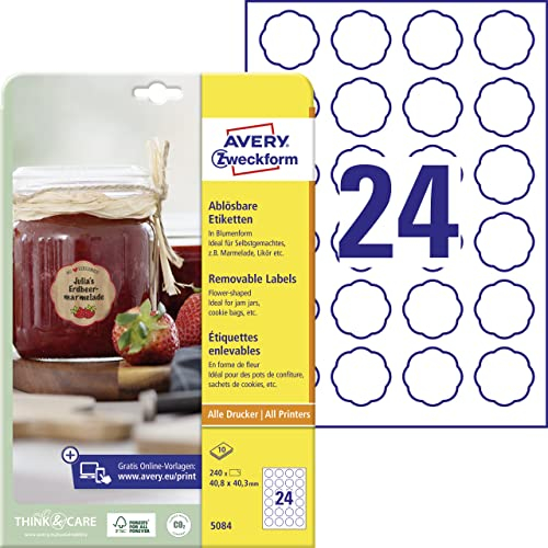 AVERY Zweckform Marmeladenetiketten Art. 5084 (240 Aufkleber ablösbar, 40,8x40,3mm auf A4, Blumenform, für Einmachgläser, Gebäcktüten, Geschenke, Selbstgemachtes aus der Küche) 10 Blatt weiß