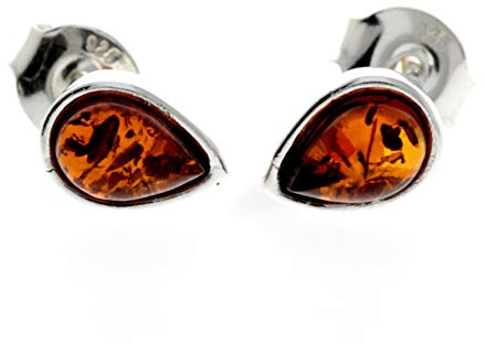 Baltic Amber Teardrop Stud Earrings in 925 Sterling Silver, Small 8x6mm, Nickel Free, Butterfly Backs, Genuine Amber (Cognac), Women & Girls - M638C