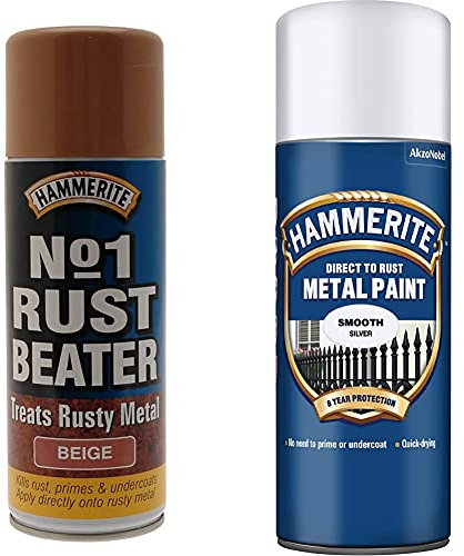 Hammerite 5092873 No.1 Rust Beater Beige Aerosol (400ml) & Direct to Rust Smooth Finish Aerosol Silver 400ml HMMSFSIAERO