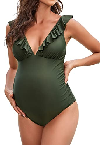 CUPSHE Donne Costume Da Bagno Premaman Un Pezzo Costume Da Bagno Increspature Profondo Scollo A V Cravatta Indietro Cinghie, Nero , L