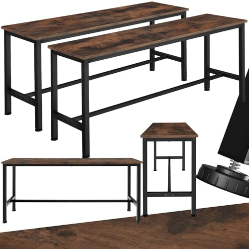 tectake® Set of 2 Benches in Wooden Look & Industrial Design, Dining Bench Set with Sturdy Steel Frames & Height-Adjustable Feet, Ideal Wooden Bench Set for Kitchen, Dining Room, Hallway - Dark Wood