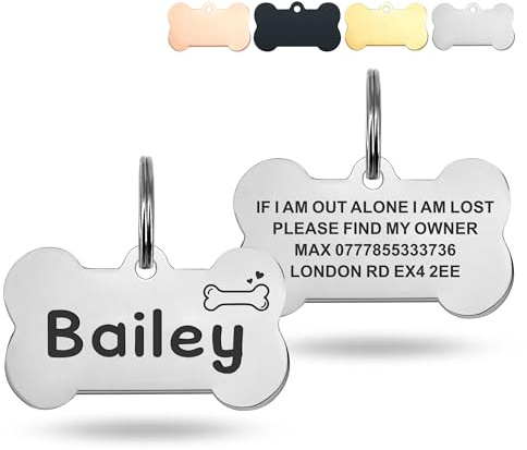 Deep Engraved Dog Tags for Pets UK Prime, Personalised Cat Dog Name ID Tags, Stainless Steel Pet Tag for Doggy Kitten Kitty Puppy, Scratch Resistant Tag (Silver Bone, S)