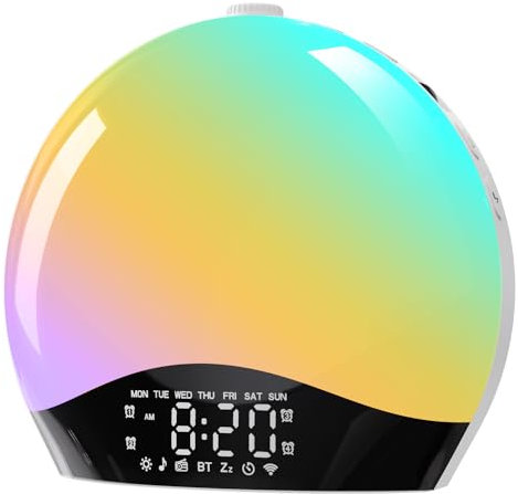 Lichtwecker mit Sonnenaufgangs und Sonnenuntergangs Simulation, Bluetooth, 22 Naturgeräusche, 20 Helligkeitsstufen, Wecker mit FM, Nachttischlampe für Kinder, Erwachsene, Schlafzimmer, Wohnzimmer