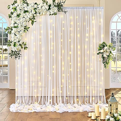 10FT x 7FT White Sheer Curtains with Lights String Tulle Curtain for Living Room Bedroom Parites Wedding Birthday Decorations 2 Panels 60 Wｘ84 L